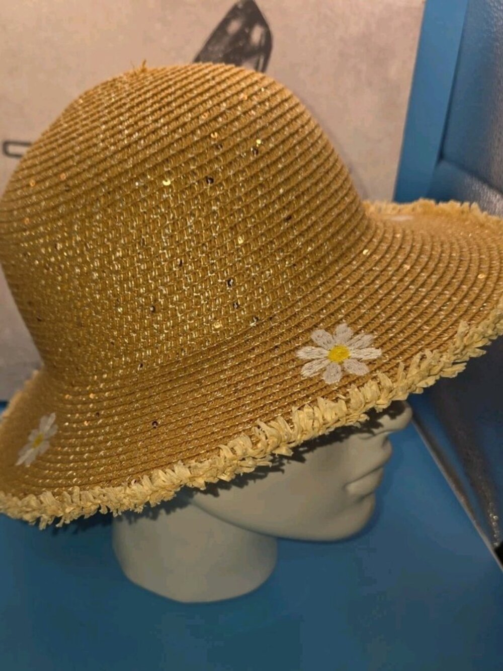 Pier 27 Wide Brim Straw Sun Hat Daisy Sequin Floral Fringe Beach Boho OS
